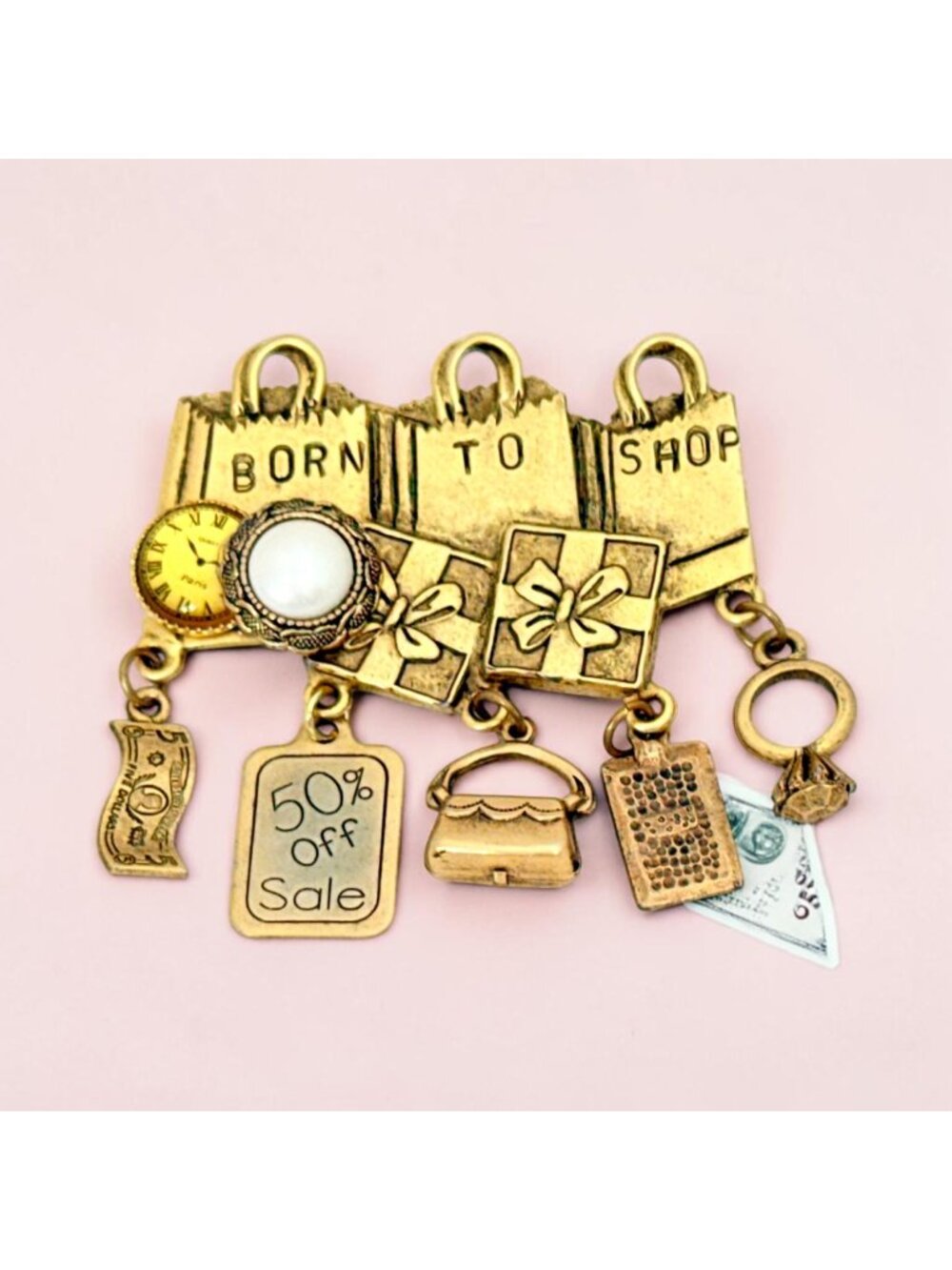 Vintage Born To Shop Brassy-Gold Tone Brooch With Shopping Motif Charms